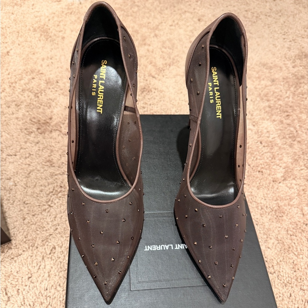 Saint Laurent Anja Dark Brown Studded Heels